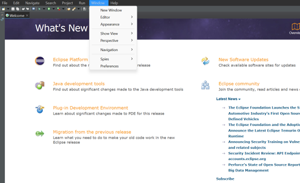 Eclipse IDE \"What’s New\" page with menu dropdown under \"Window\" tab for navigation and preferences.