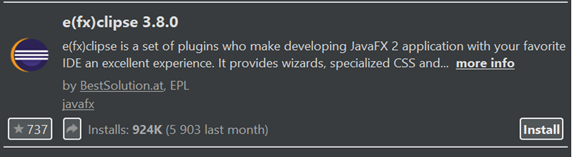 Eclipse plugin info: "e(fx)clipse 3.8.0". JavaFX development, 924K installs, 737 likes. Install button.