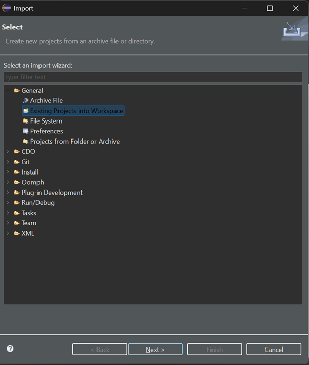 Eclipse IDE import wizard screen with "Existing Projects into Workspace" selected, "Next" button highlighted.