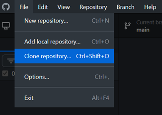 Dropdown menu under "Repository" with options: New, Add local, Clone, Options, and Exit. Clone is highlighted.