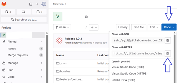 GitLab interface showing the clone options for SSH and HTTPS, with IDE integration suggestions and repository details visible.