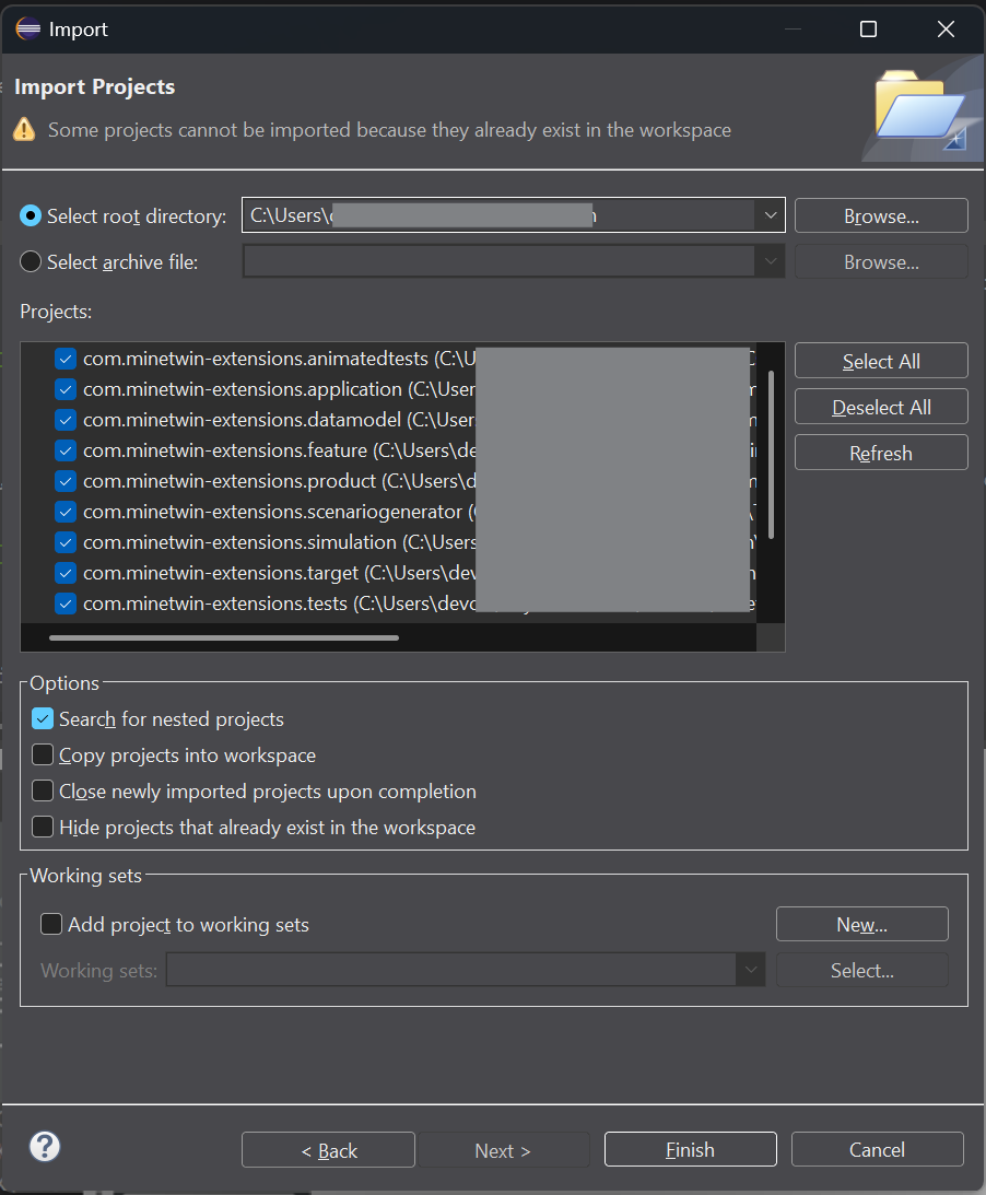Import Projects dialog with directory selection, project list, and options for project management settings.