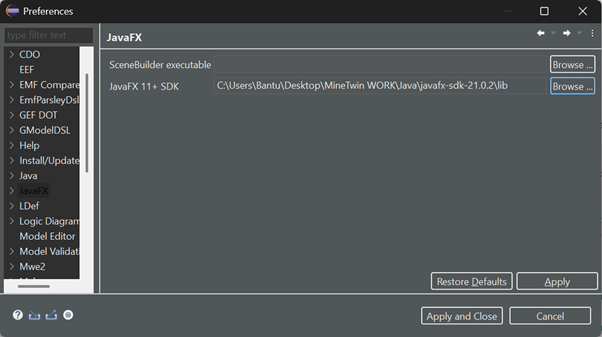 Preferences window showing JavaFX SDK path with options to browse, apply, or restore defaults.