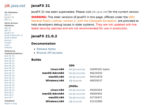 JavaFX 21.0.2 download page with links to SDK and JMODS for Linux, macOS, and Windows, along with file sizes and SHA256.