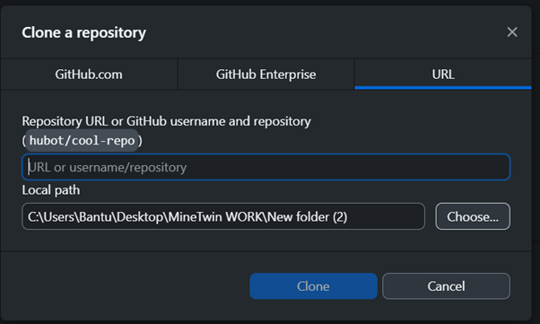 GitHub clone dialog with tabs for GitHub.com, GitHub Enterprise, URL; fields for repository URL and local path; Clone/Cancel buttons.