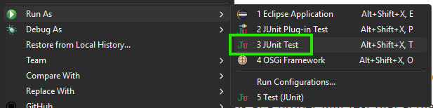 Context menu showing \"Run As\" options with \"JUnit Test\" highlighted in green.