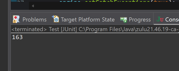 Eclipse IDE console view showing terminated JUnit test output and a line with the number 163.