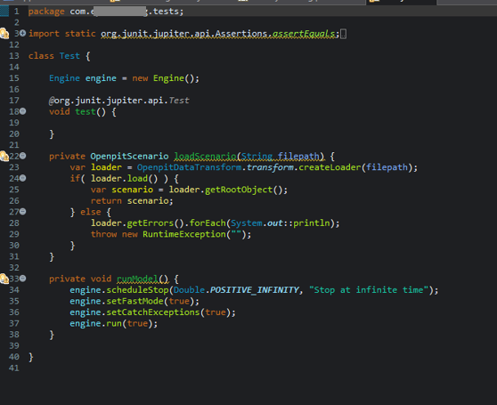 Java code snippet with JUnit test and methods for loading scenarios and running a model.