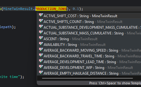 Code editor with autocomplete suggestions for string variables in the MineTwinResult function.