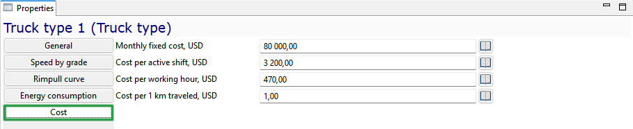 Truck Type 1 cost details: Monthly fixed, active shift, working hour, 1 km traveled; costs in USD.