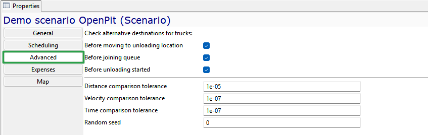 Advanced settings for OpenPit scenario: options for truck destinations, tolerance values, and random seed configuration.