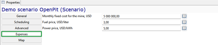 Interface showing mine cost details: fixed costs, fuel and power prices with navigation tabs on the left.