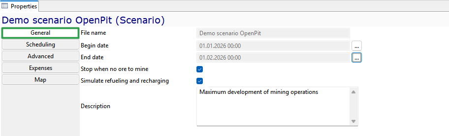 OpenPit scenario: settings include file name, date range, mining stop, refueling, and a description field.