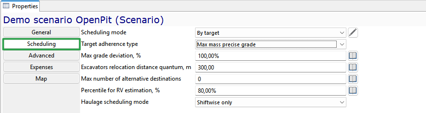 OpenPit scenario properties with scheduling settings, including adherence type, grade deviation, and haulage mode options.