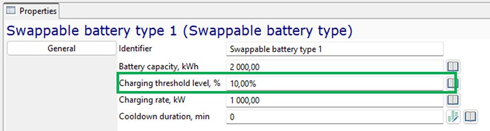 Properties of "Swappable battery type 1": Capacity 2000 kWh, Charging threshold 10%, Rate 1000 kW, Cooldown 0 min.