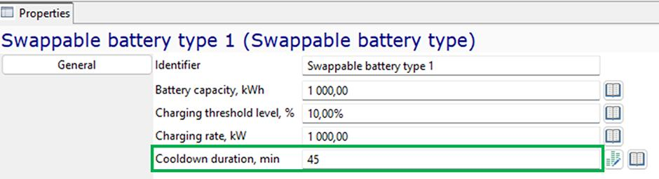 Battery properties window showing capacity, charging threshold, rate, and cooldown duration highlighted at 45 min.