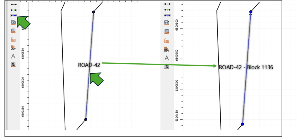 Diagram with two plots, labeled "ROAD-42" and "ROAD-42 - Block 1136," linked by green arrows, showing data points.