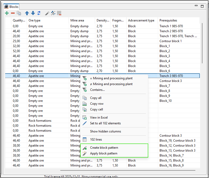 Spreadsheet interface displaying ore data, with a context menu open showing options for mining and processing settings.