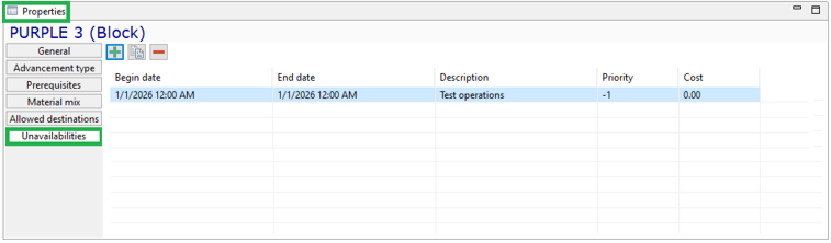 Properties window showing "PURPLE 3 (Block)" with schedule, description, priority, and cost details for test operations.