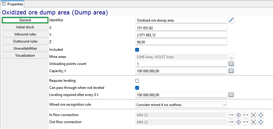 Properties window of oxidized ore dump area, showing configuration options like coordinates, capacity, and connections.