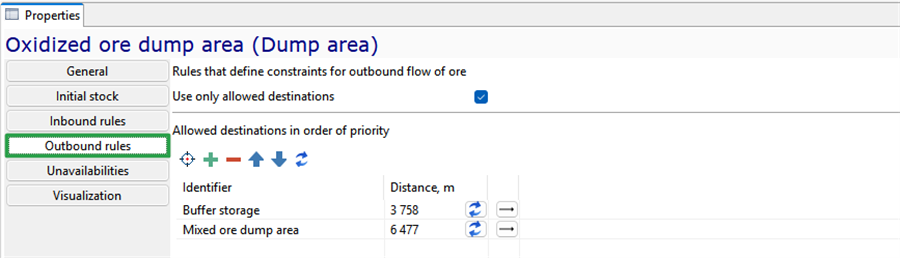 Interface for setting outbound rules for ore flow, showing priorities, identifiers, and distances for storage areas.