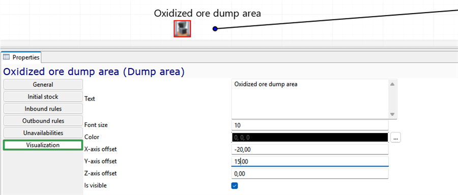 Properties panel with settings for an oxidized ore dump area, including text, font size, color, axis offsets, and visibility.