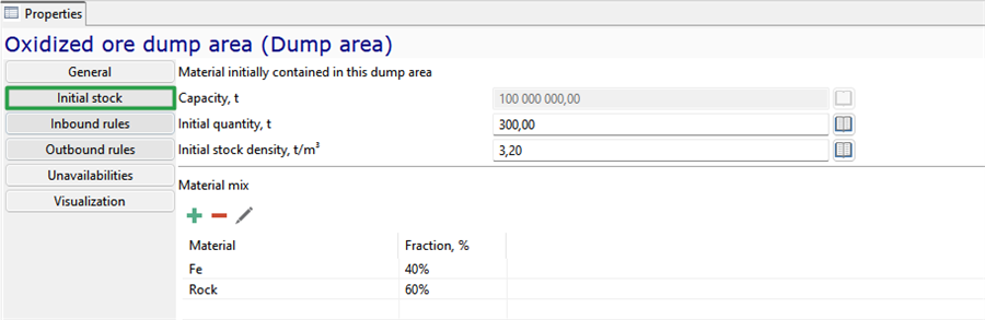 Interface for configuring oxidized ore dump area with tabs and initial stock parameters and material mix percentages.