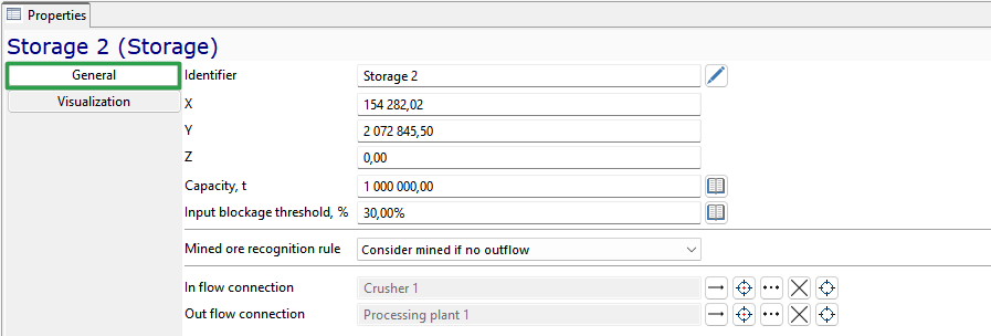 Properties panel displaying storage parameters: location, capacity, inflow/outflow connections, and mined ore rules.