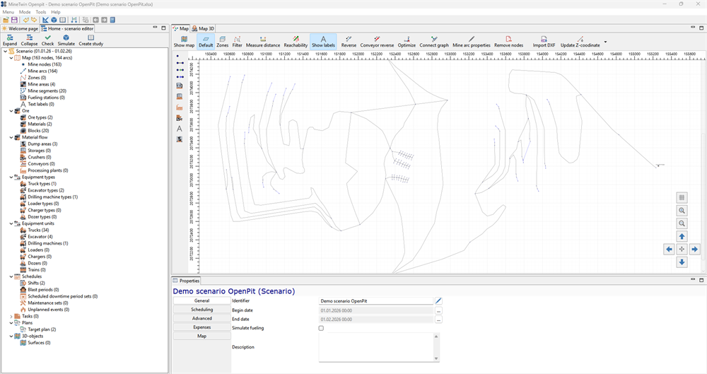Mining software interface showing scenario editor, map view, and properties panel.