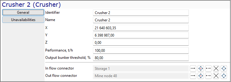 Crusher 2 settings screen, showing identifier, name, coordinates, performance, thresholds, and flow connectors.