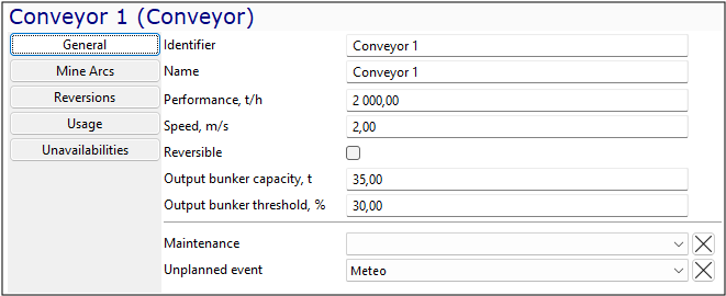 Conveyor settings panel with fields for identifier, performance, speed, capacity, maintenance, and event options.