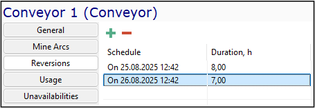 Interface for managing conveyor schedules, showing dates, durations, and options on the left for settings and availability.