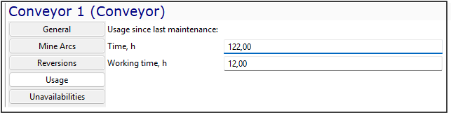 Conveyor 1 interface showing maintenance usage: Time 122h, Working time 12h, with navigation buttons on the left.