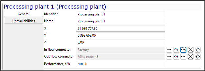Interface showing processing plant details: identifier, coordinates (X, Y, Z), connectors, and performance in t/h (500).