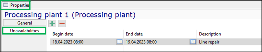 Properties tab showing unavailability for Processing plant 1 with begin date, end date, and description "Line repair".