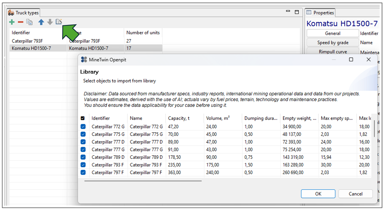 Interface displaying truck types, import library window with specifications, and highlighted import button.