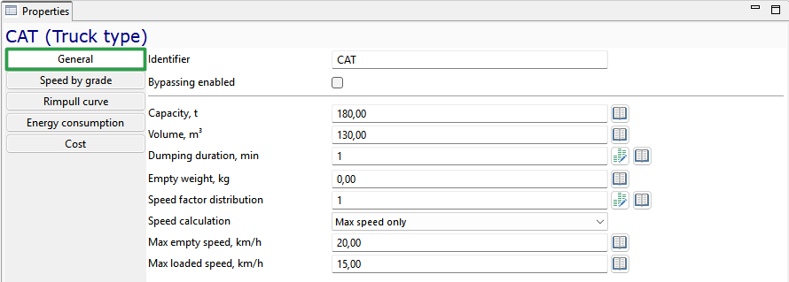 Truck properties window displays general settings, capacity, speed, and identifier fields for CAT vehicle type.