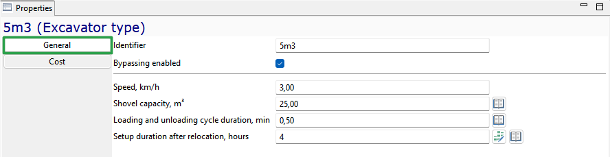 Properties window displaying parameters for a 5m3 excavator, including speed, capacity, and cycle duration settings.