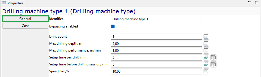 Properties window showing settings for \"Drilling machine type 1\" with various parameters and values.