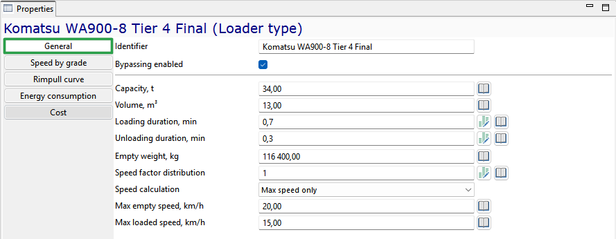 Properties panel for Komatsu WA900-8 Loader with specifications like capacity, volume, and speed limits shown.