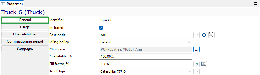 Properties window for "Truck 6" showing tabs and fields for identifier, base node, idling policy, and availability.