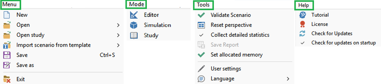 Menu lists options: New, Open, Save. Mode features: Editor, Simulation. Tools include validation, settings. Help offers tutorials.