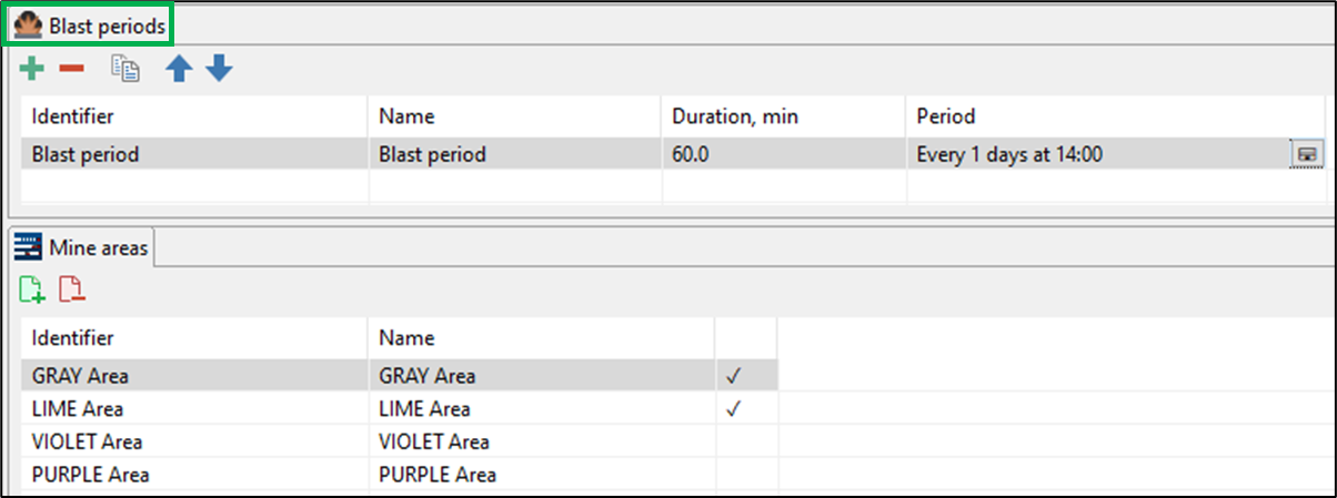 Screen showing blast periods setup with duration and frequency, listing designated mine areas with checkmarks for selected zones.