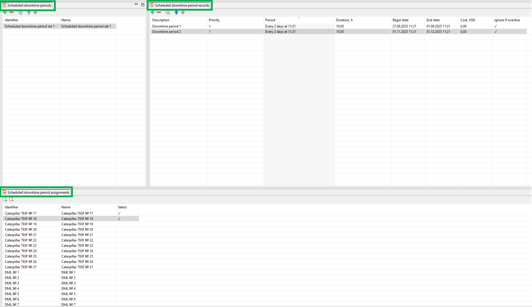Three-panel UI displaying scheduled downtime sets, records, and assignments with detailed data and selection options.