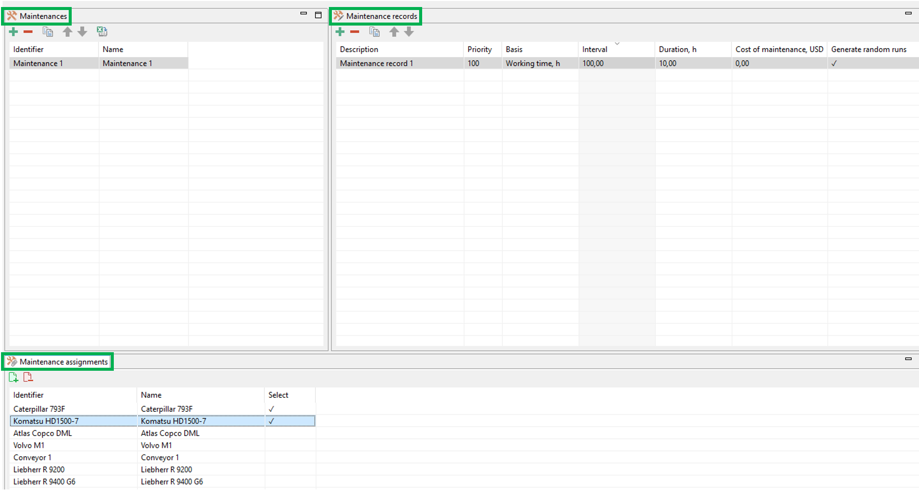 Three-panel interface for managing maintenances, records, and assignments, with tools for adding and deleting entries.
