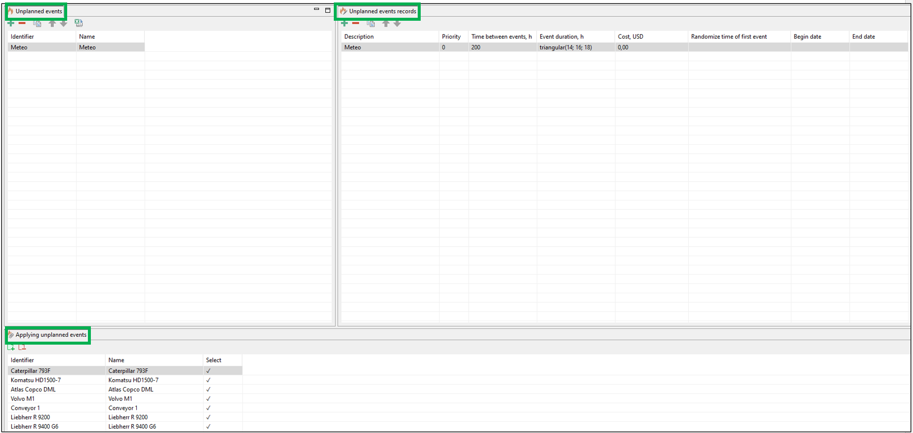 The interface displays unplanned events, records, and entities with identifiers, names, and selection checkboxes.