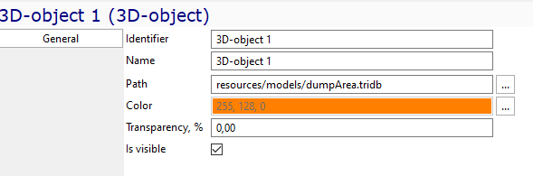 3D-object properties window showing identifier, name, path, color (255,128,0), transparency (0.00%), and visibility checked.