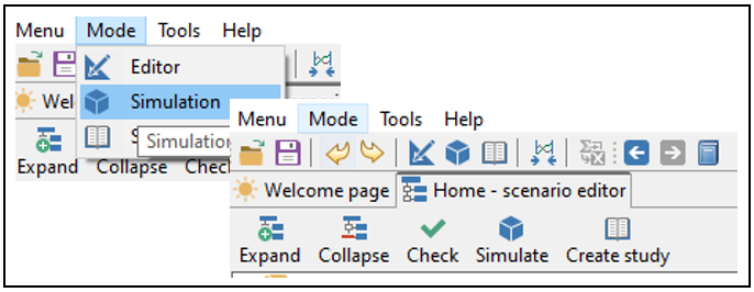 Software UI showing dropdown menu with Mode options: Editor and Simulation; toolbar with Expand, Collapse, Check, Simulate.