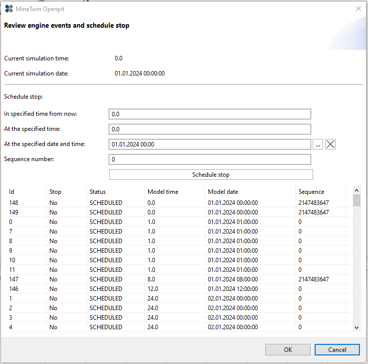 Simulation event scheduler showing time inputs, status list, and control buttons.