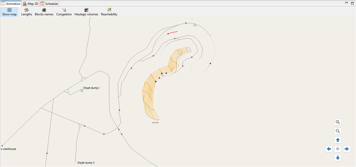 Map interface showing paths, sections, and labeled areas with navigation and view options on the right side.